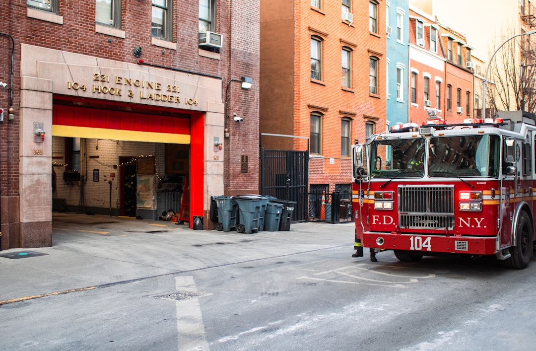 Fire station and a fire truck are visible