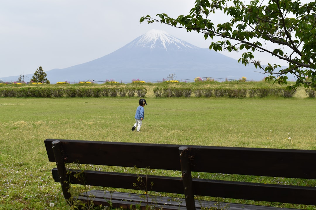 a young boy standing in a field next to a bench