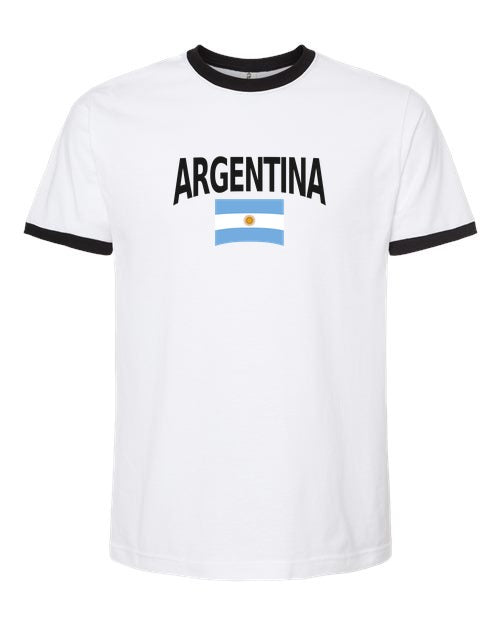 Argentina Soccer Ringer Tee 2026 — Classic Name & Flag | NYC Factory - White/Black