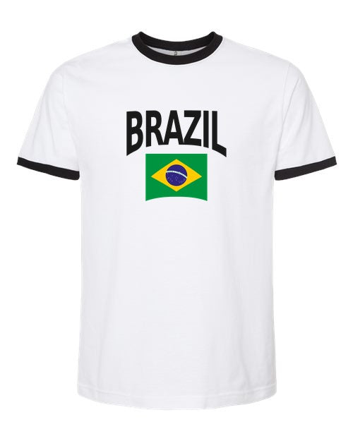 Brazil Soccer Ringer Tee 2026 — Classic Name & Flag | NYC Factory - White/Black
