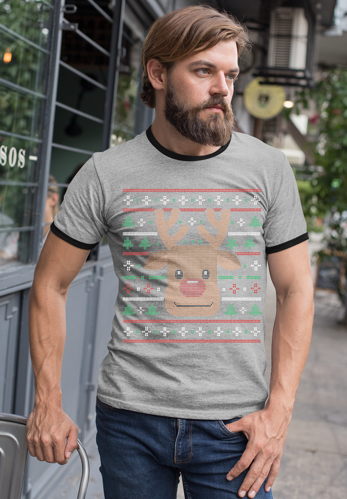 Ugly Xmas Reindeer Design Mens Ringer T-Shirt Tee