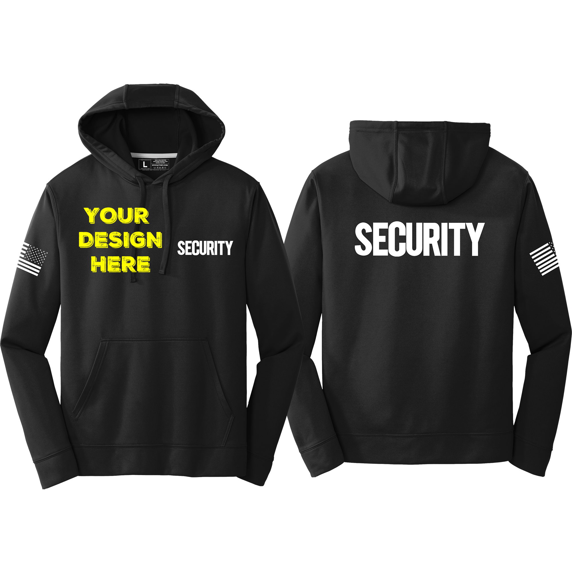 Black hoodie with SECURITY on front and back, USA Flag Sleeve. Custom left chest print option.