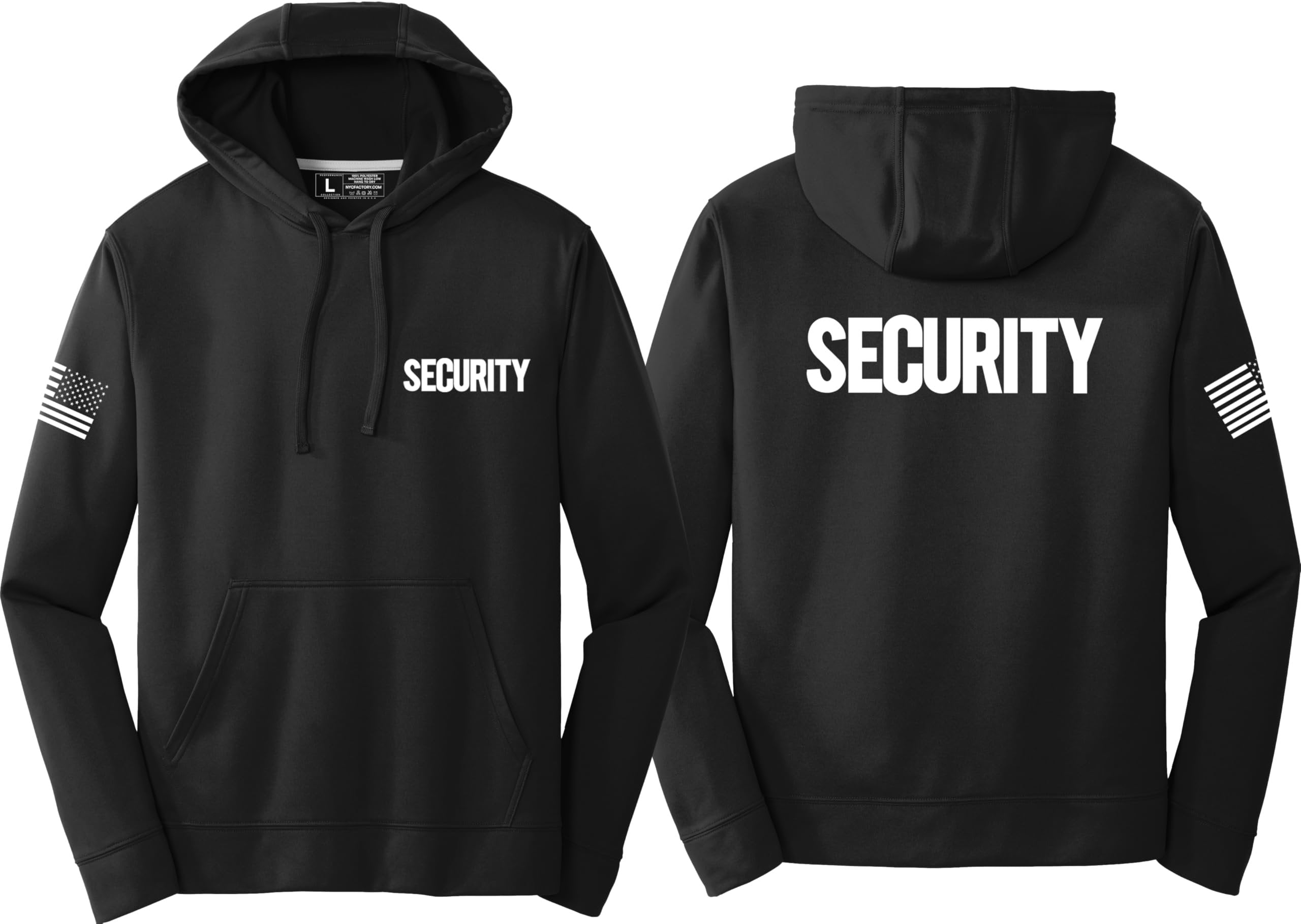 Black hoodie with 'SECURITY' text on front and back, American flag sleeve design.