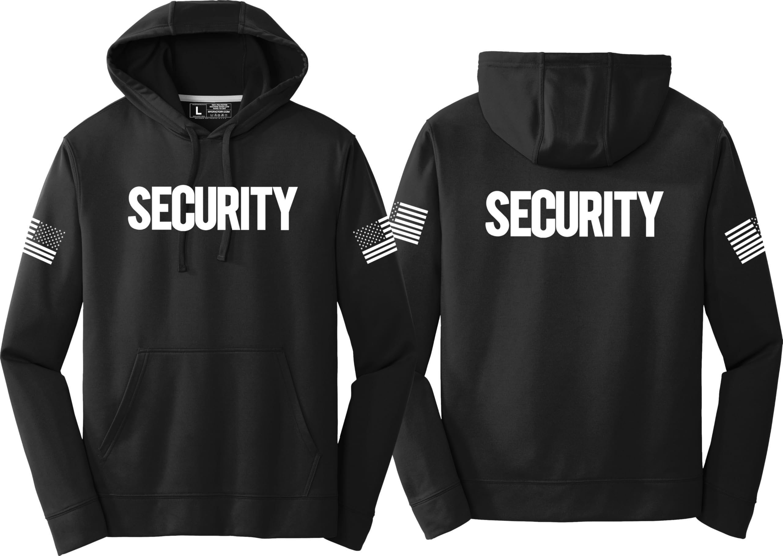 Black hoodie with 'SECURITY' text on front and back, USA Flag on sleeves.
