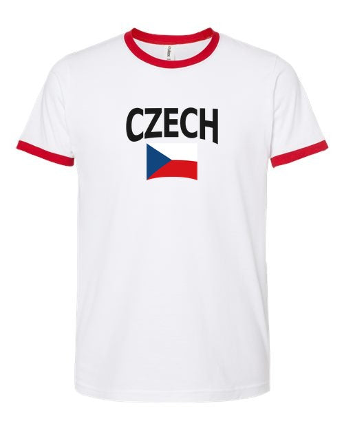 Czech Republic Soccer Ringer Tee 2026 — Classic Name & Flag | NYC Factory - white_red