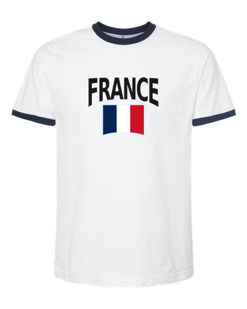 France Soccer Ringer Tee 2026 — Classic Name & Flag | NYC Factory - white_navy