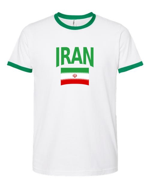 Iran Soccer Ringer Tee 2026 — Classic Name & Flag | NYC Factory - white_green