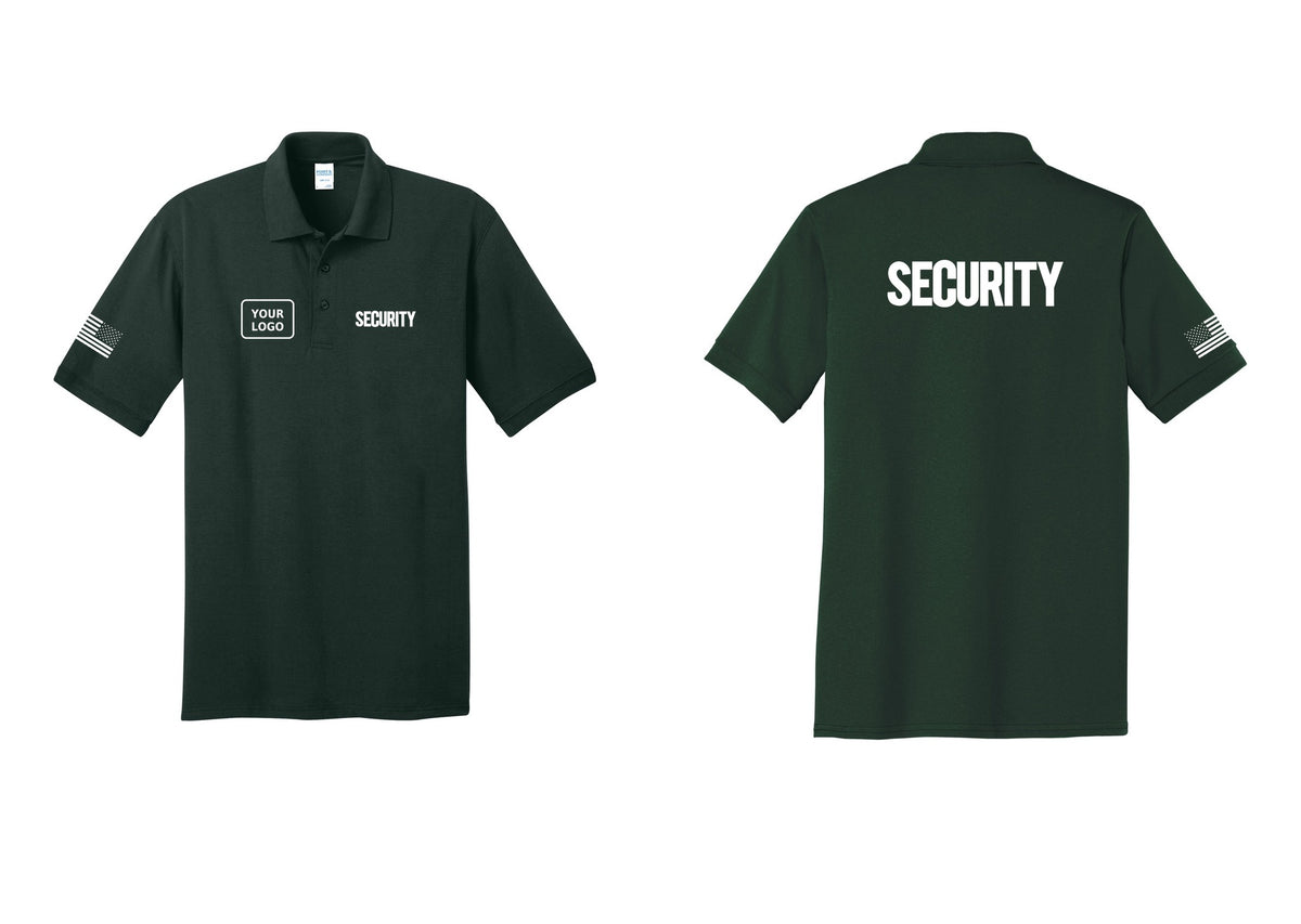 NYC Factory Men's Custom Logo Security Polo Shirt - SECURITY + Your Logo + Back + US Flag Sleeve - Dark Green