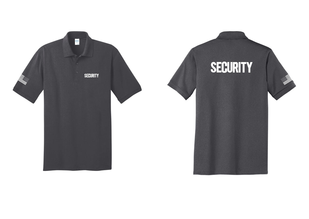 NYC Factory Men's Security Polo Shirt - Chest + Back + US Flag Sleeve - Charcoal