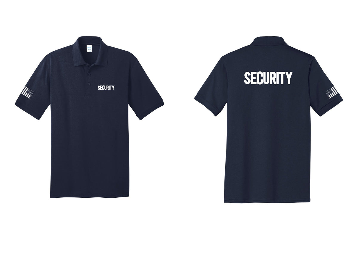 NYC Factory Men's Security Polo Shirt - Chest + Back + US Flag Sleeve - Navy