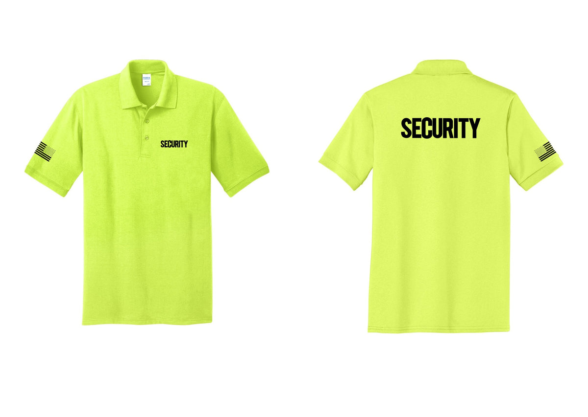 NYC Factory Men's Security Polo Shirt - Chest + Back + US Flag Sleeve - Safety Green