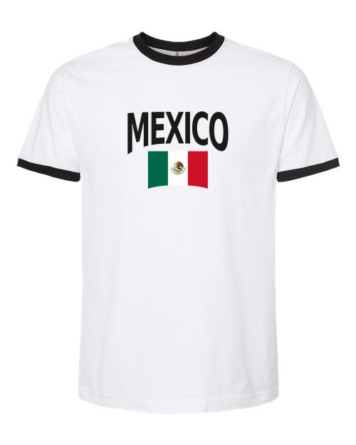 Mexico Soccer Ringer Tee 2026 — Classic Name & Flag | NYC Factory - White/Black