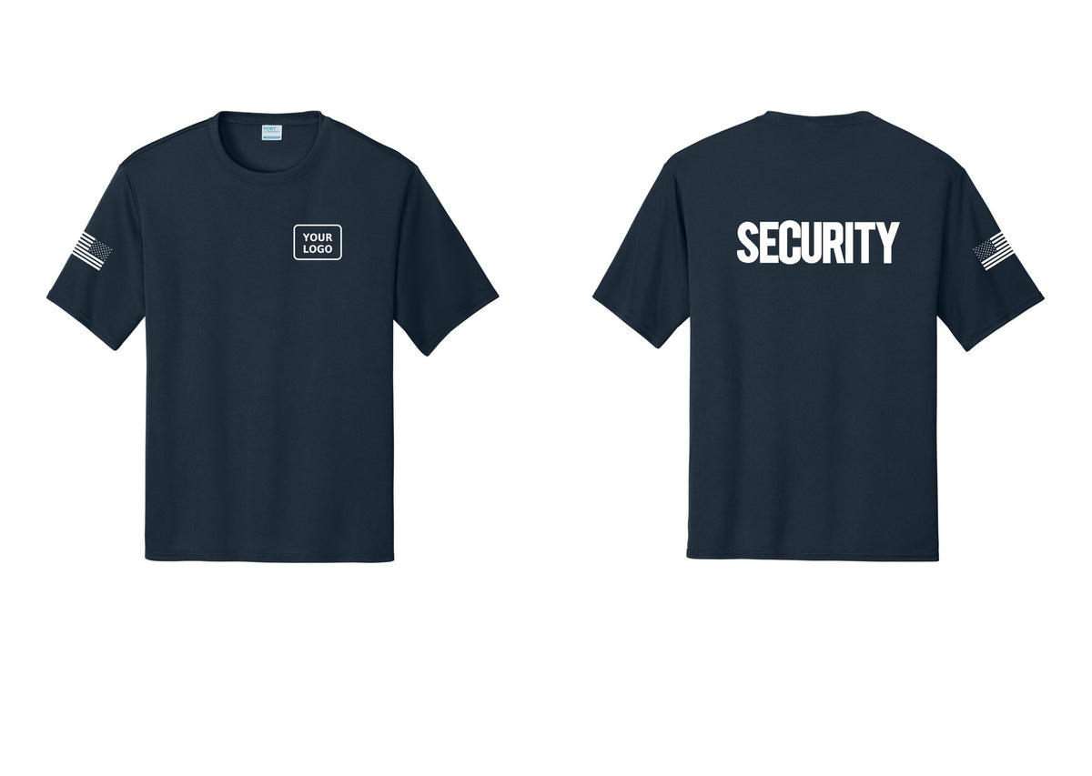 NYC Factory Men's Custom Logo Security Performance T-Shirt - Your Logo + Back + US Flag Sleeve - Navy