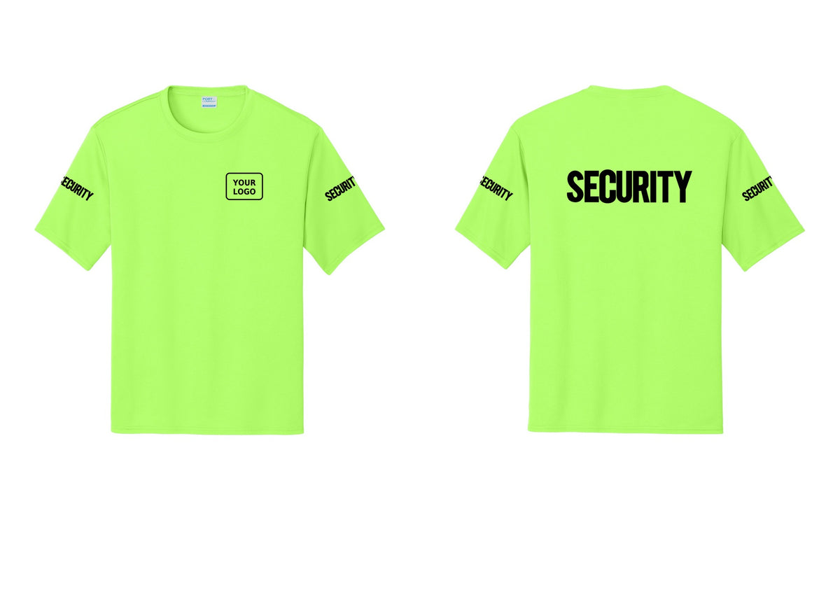 NYC Factory Men's Custom Logo Security Performance T-Shirt - Your Logo + Back + Security Sleeves - Neon Green