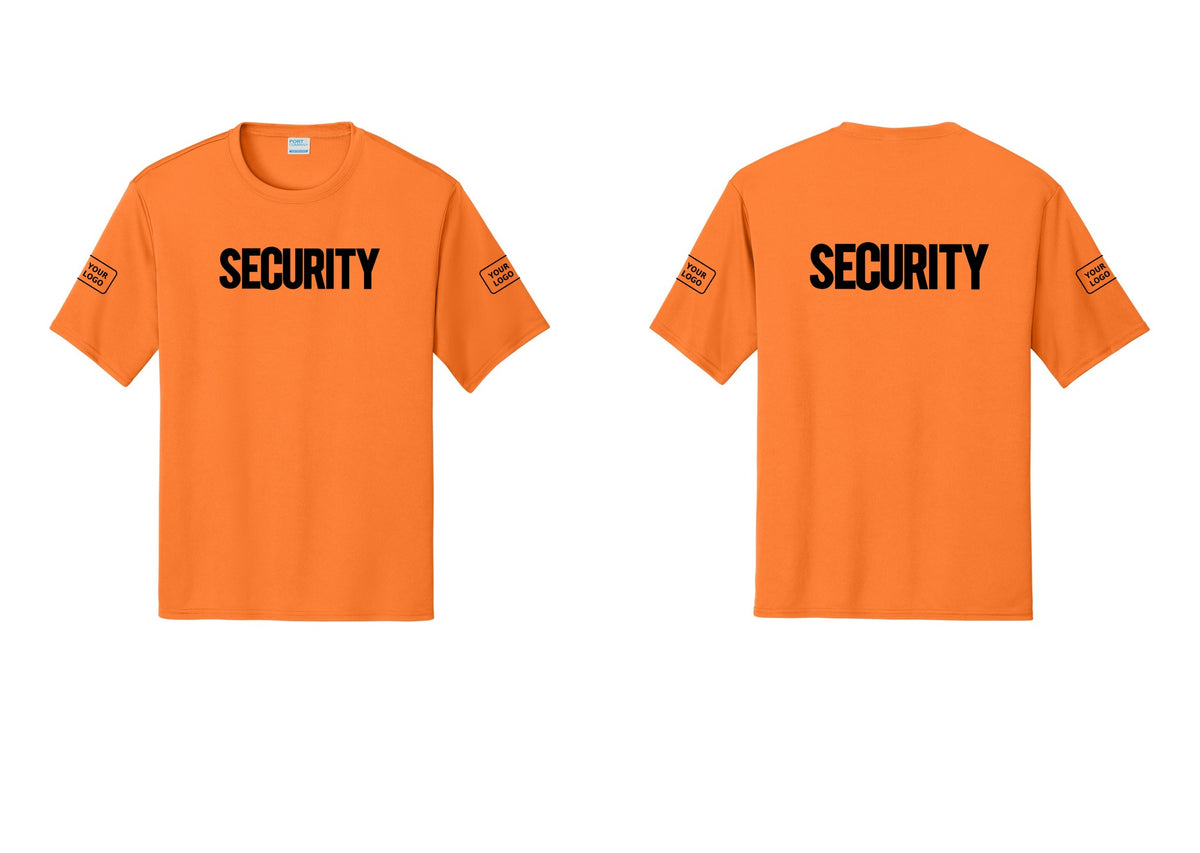 NYC Factory Men's Custom Logo Security Performance T-Shirt - Front + Back + Your Logo Sleeves - Neon Orange