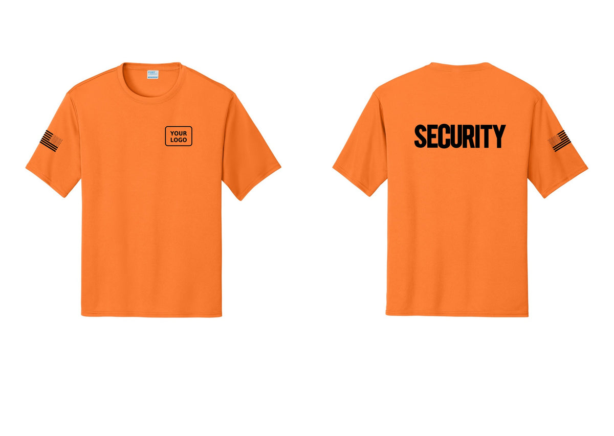 NYC Factory Men's Custom Logo Security Performance T-Shirt - Your Logo + Back + US Flag Sleeve - Neon Orange