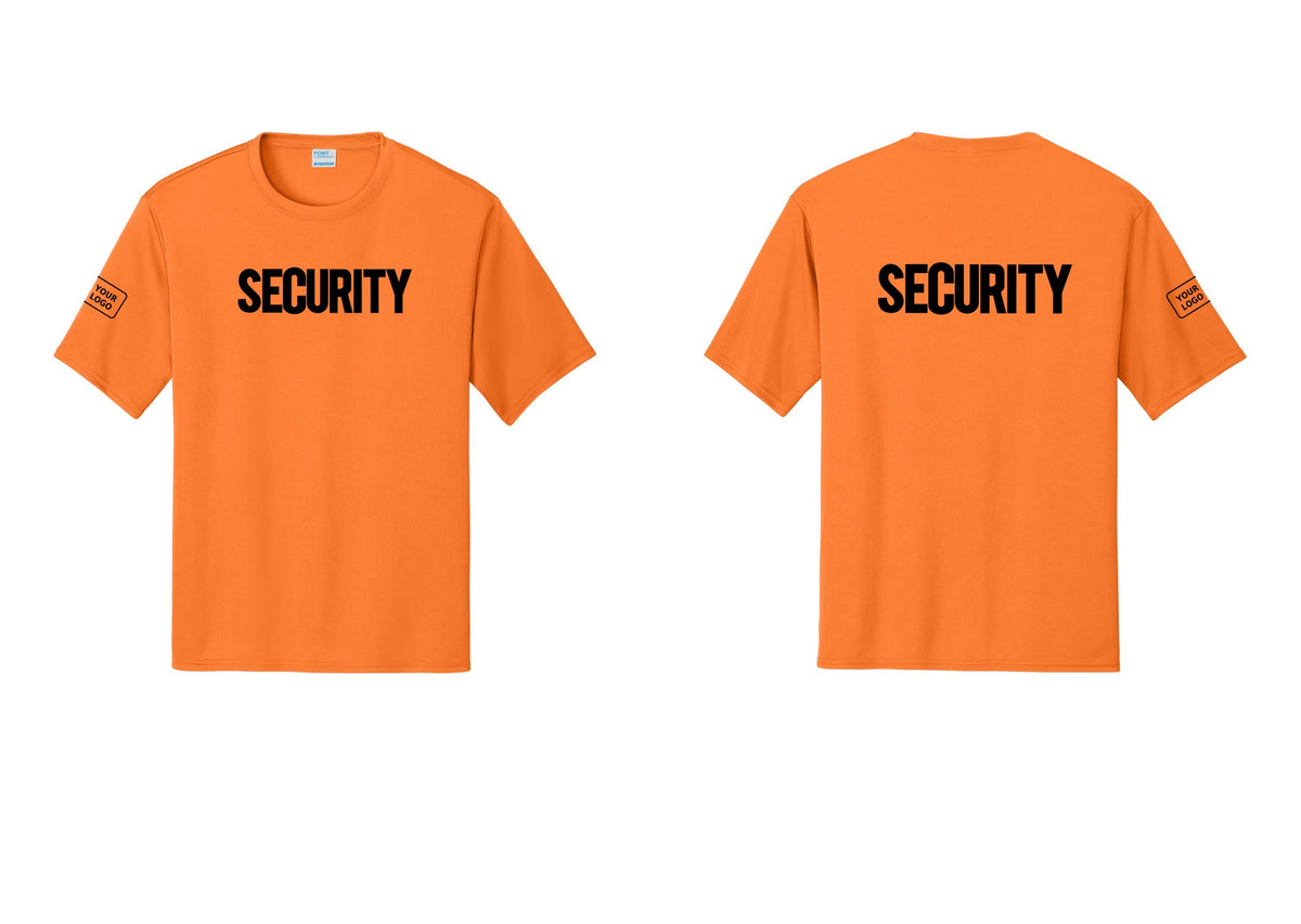 NYC Factory Men's Custom Logo Security Performance T-Shirt - Front + Back + Your Logo Sleeve - Neon Orange