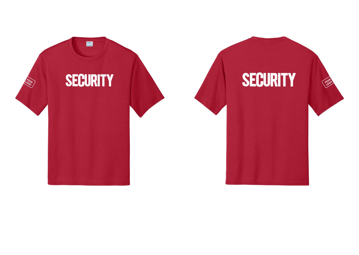 NYC Factory Men's Custom Logo Security Performance T-Shirt - Front + Back + Your Logo Sleeve - Red