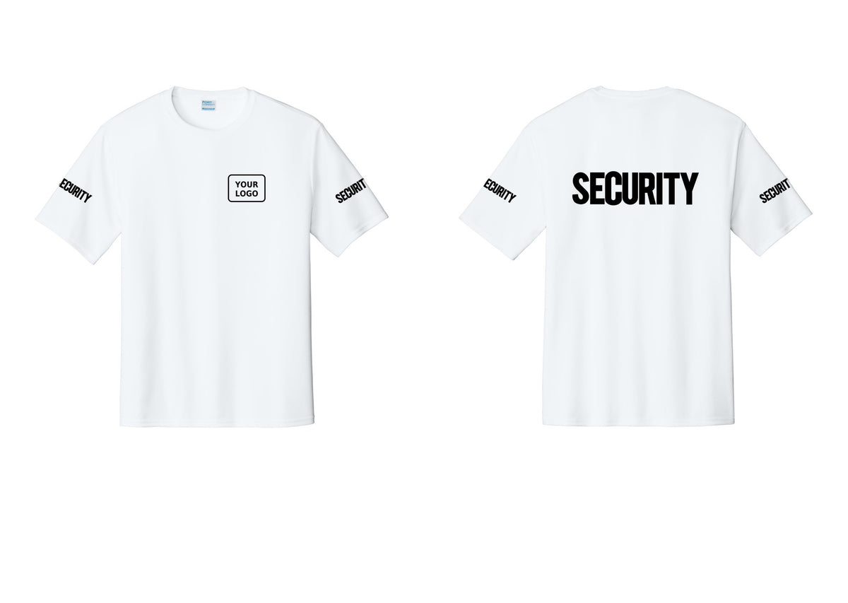 NYC Factory Men's Custom Logo Security Performance T-Shirt - Your Logo + Back + Security Sleeves - White