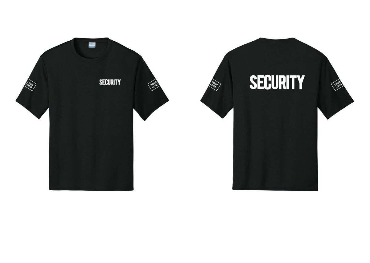 NYC Factory Men's Custom Logo Security Performance T-Shirt - Chest + Back + Your Logo Sleeves - Black