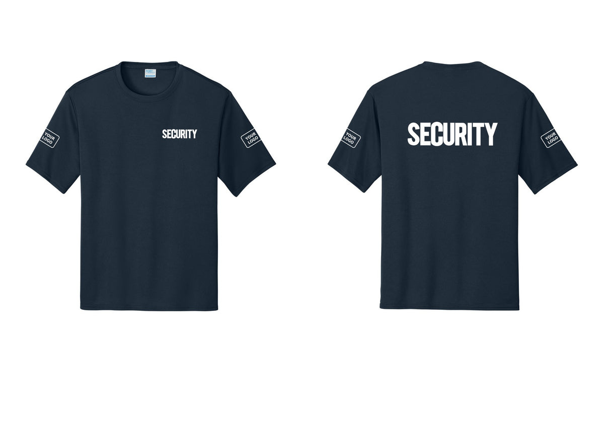 NYC Factory Men's Custom Logo Security Performance T-Shirt - Chest + Back + Your Logo Sleeves - Navy