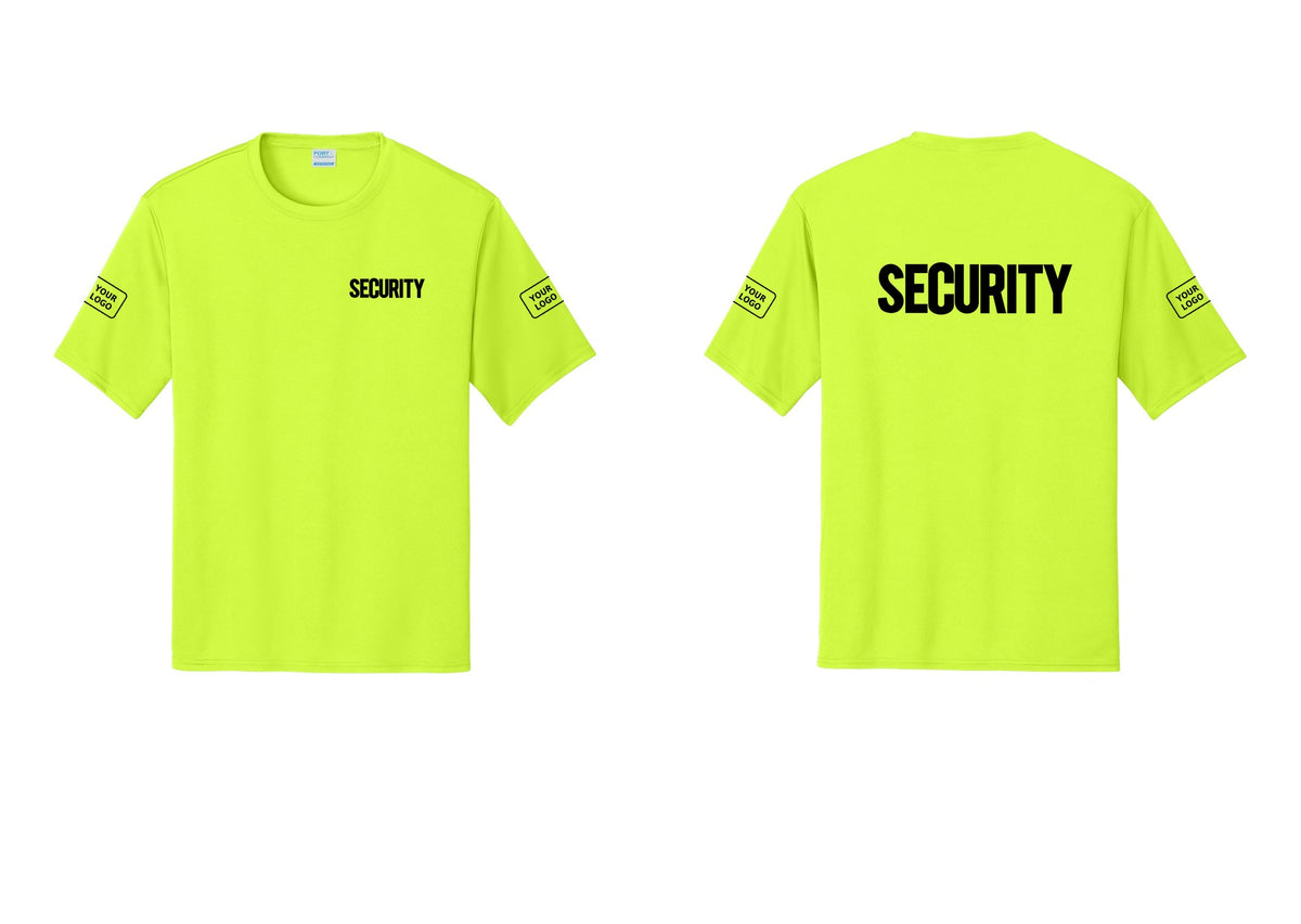 NYC Factory Men's Custom Logo Security Performance T-Shirt - Chest + Back + Your Logo Sleeves - Neon Yellow