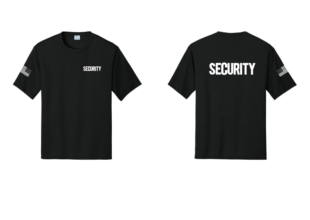 NYC Factory Men's Security Performance T-Shirt - Chest + Back + US Flag Sleeve - Black