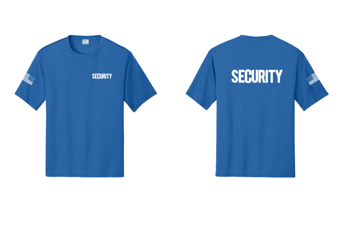 NYC Factory Men's Security Performance T-Shirt - Chest + Back + US Flag Sleeve - Royal