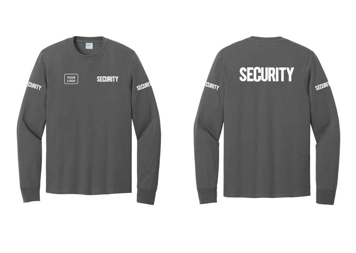 NYC Factory Men's Custom Logo Security Cotton Long Sleeve T-Shirt - SECURITY + Your Logo + Back + Security Sleeves - Charcoal