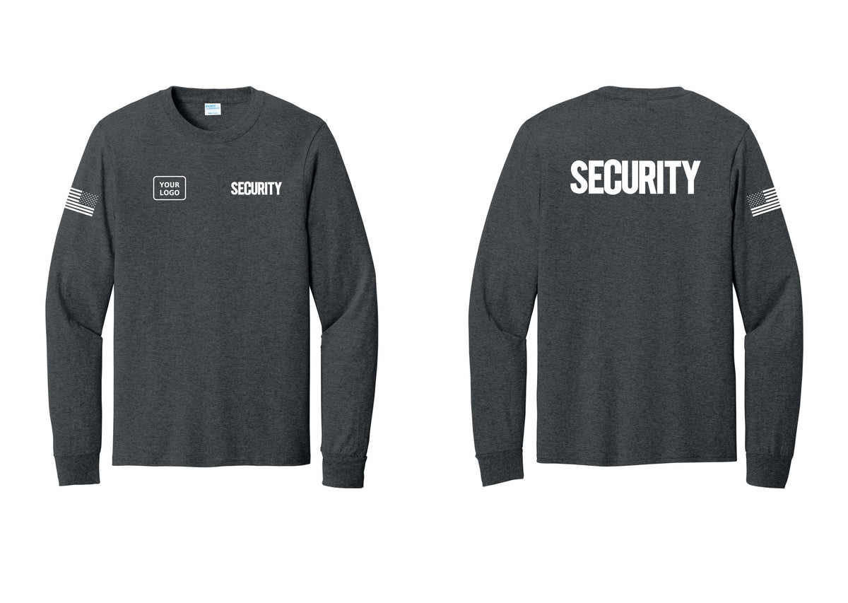 NYC Factory Men's Custom Logo Security Cotton Long Sleeve T-Shirt - SECURITY + Your Logo + Back + US Flag Sleeve - Dark Heather Grey