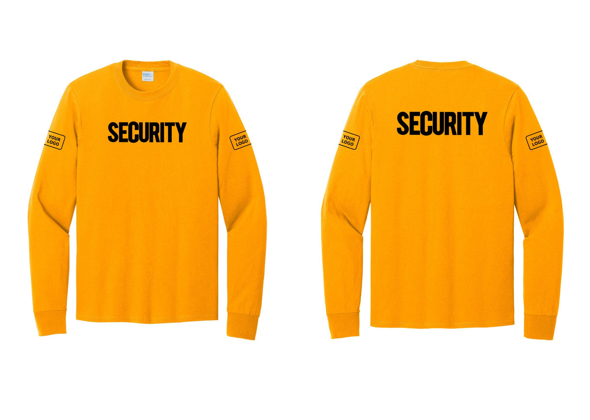 NYC Factory Men's Custom Logo Security Cotton Long Sleeve T-Shirt - Front + Back + Your Logo Sleeves - Gold