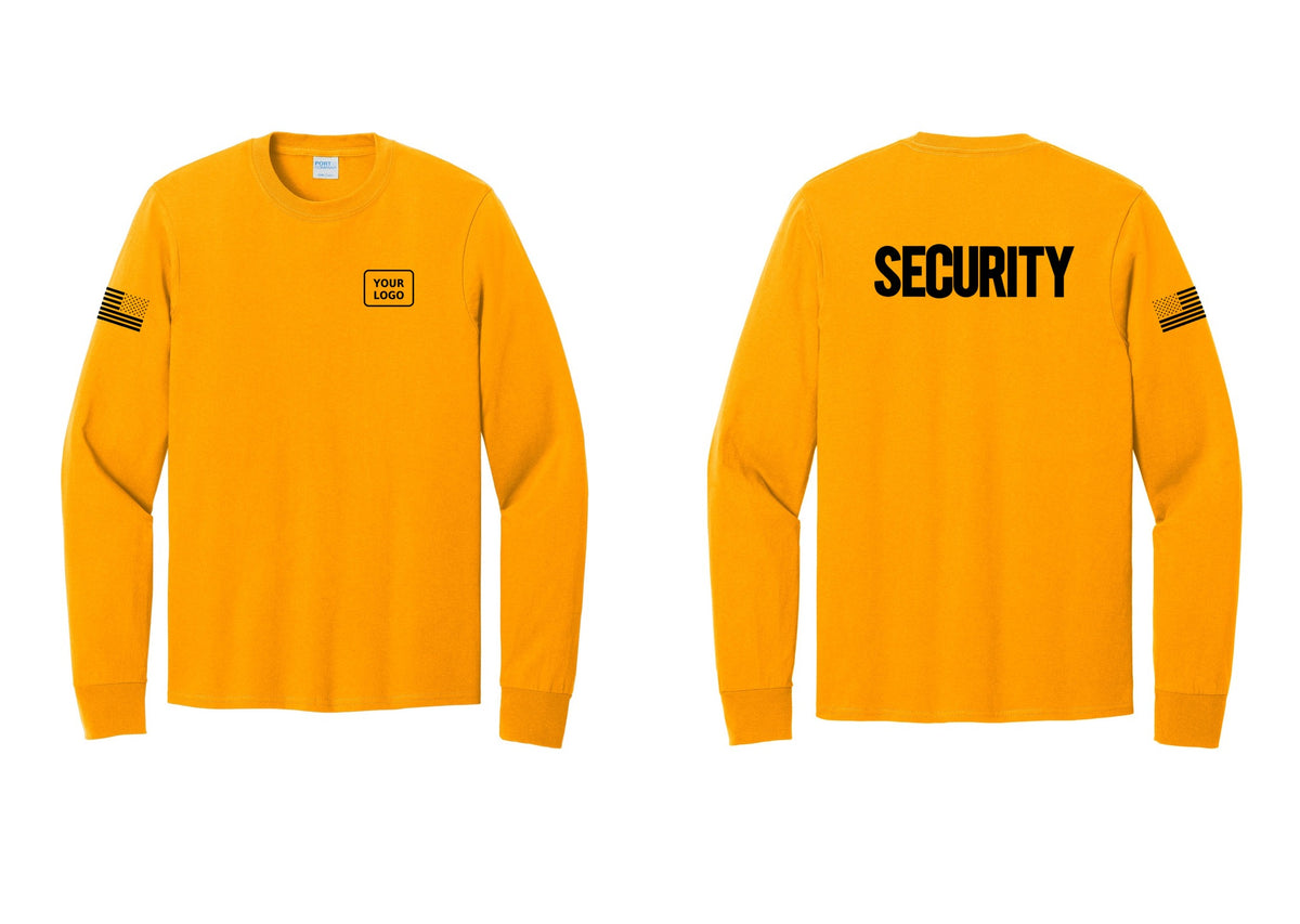 NYC Factory Men's Custom Logo Security Cotton Long Sleeve T-Shirt - Your Logo + Back + US Flag Sleeve - Gold