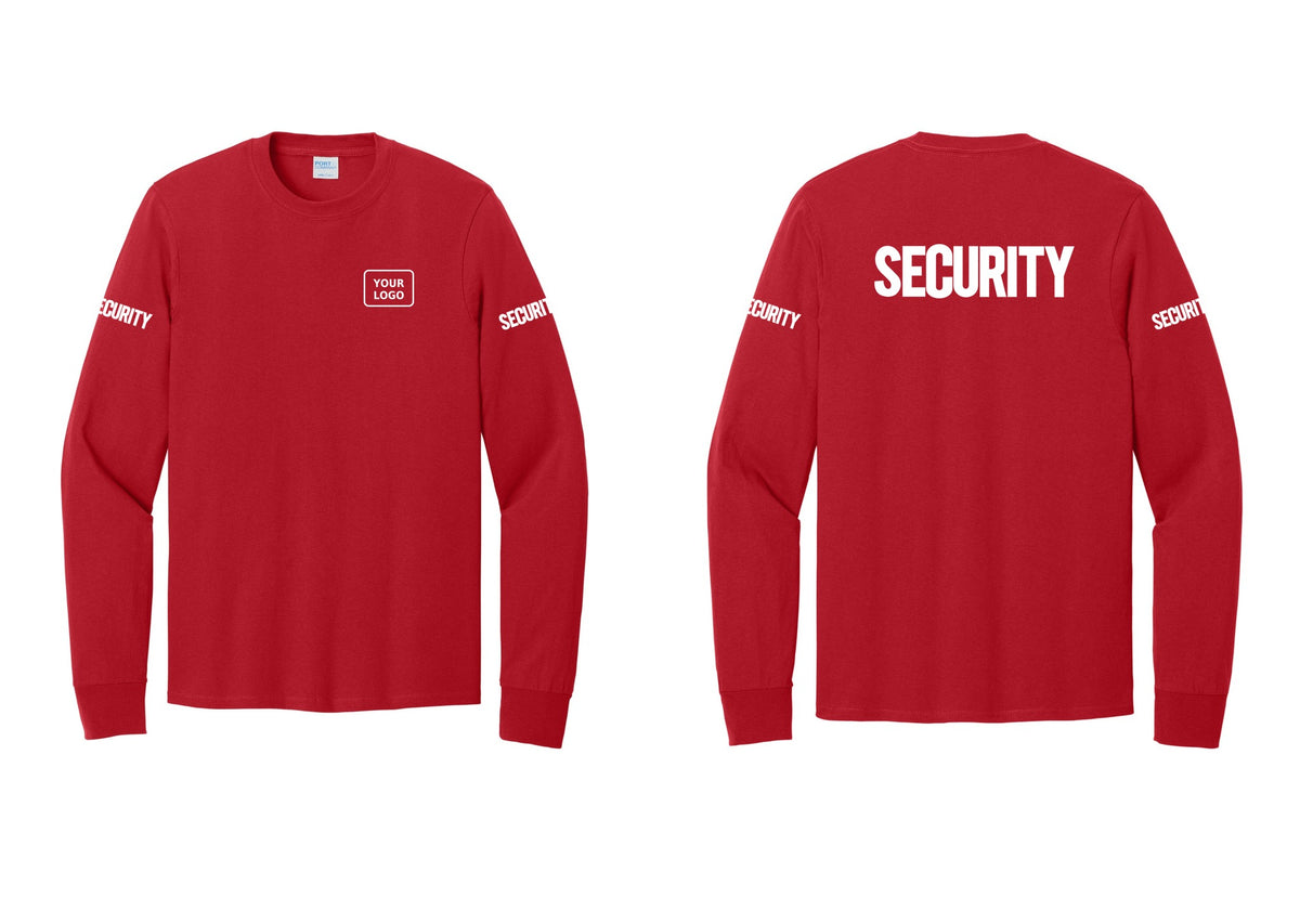 NYC Factory Men's Custom Logo Security Cotton Long Sleeve T-Shirt - Your Logo + Back + Security Sleeves - Red