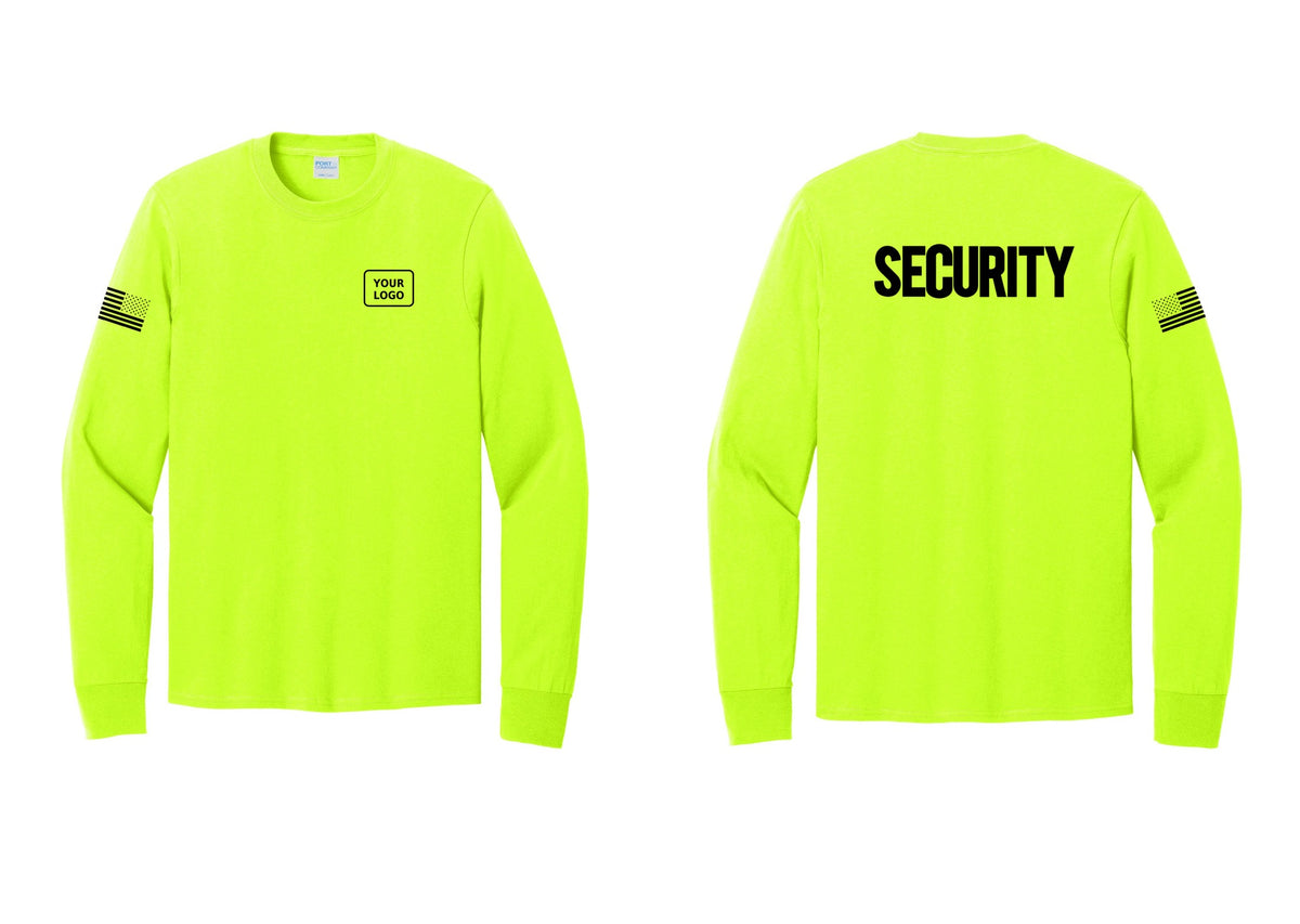 NYC Factory Men's Custom Logo Security Cotton Long Sleeve T-Shirt - Your Logo + Back + US Flag Sleeve - Safety Green