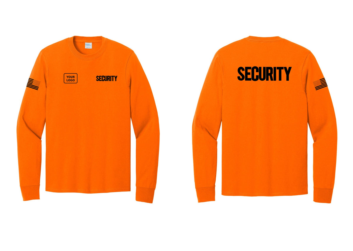 NYC Factory Men's Custom Logo Security Cotton Long Sleeve T-Shirt - SECURITY + Your Logo + Back + US Flag Sleeve - Safety Orange