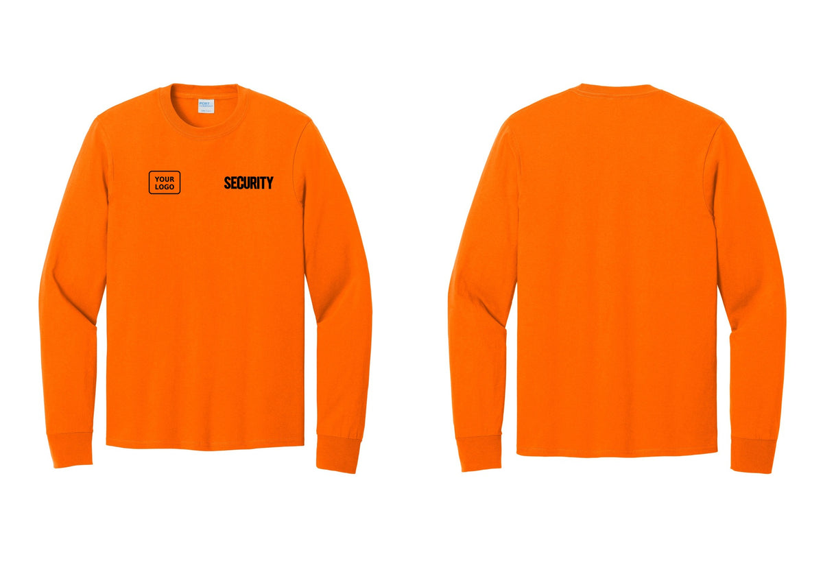 NYC Factory Men's Custom Logo Security Cotton Long Sleeve T-Shirt - SECURITY + Your Logo - Safety Orange