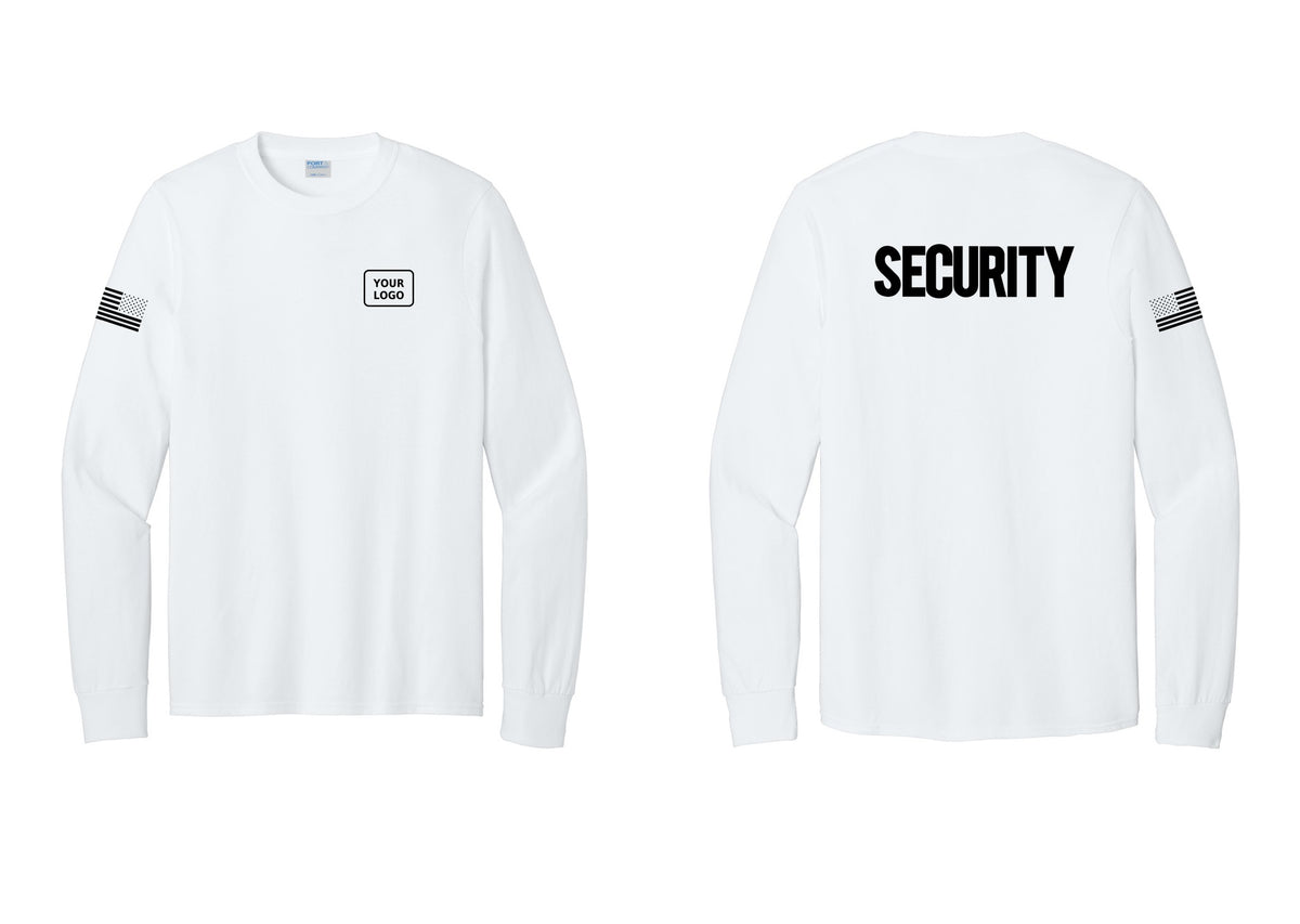NYC Factory Men's Custom Logo Security Cotton Long Sleeve T-Shirt - Your Logo + Back + US Flag Sleeve - White