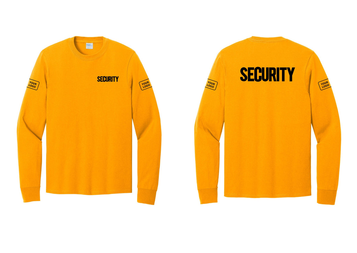 NYC Factory Men's Custom Logo Security Cotton Long Sleeve T-Shirt - Chest + Back + Your Logo Sleeves - Gold
