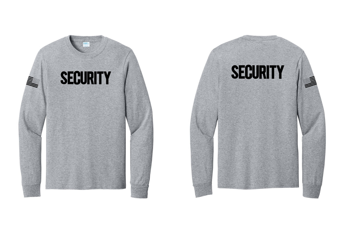 NYC Factory Men's Security Cotton Long Sleeve T-Shirt - Front + Back + US Flag Sleeve - Athletic Heather