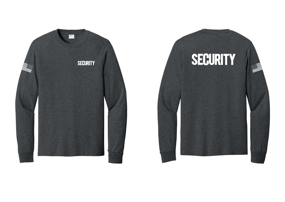 NYC Factory Men's Security Cotton Long Sleeve T-Shirt - Chest + Back + US Flag Sleeve - Dark Heather Grey