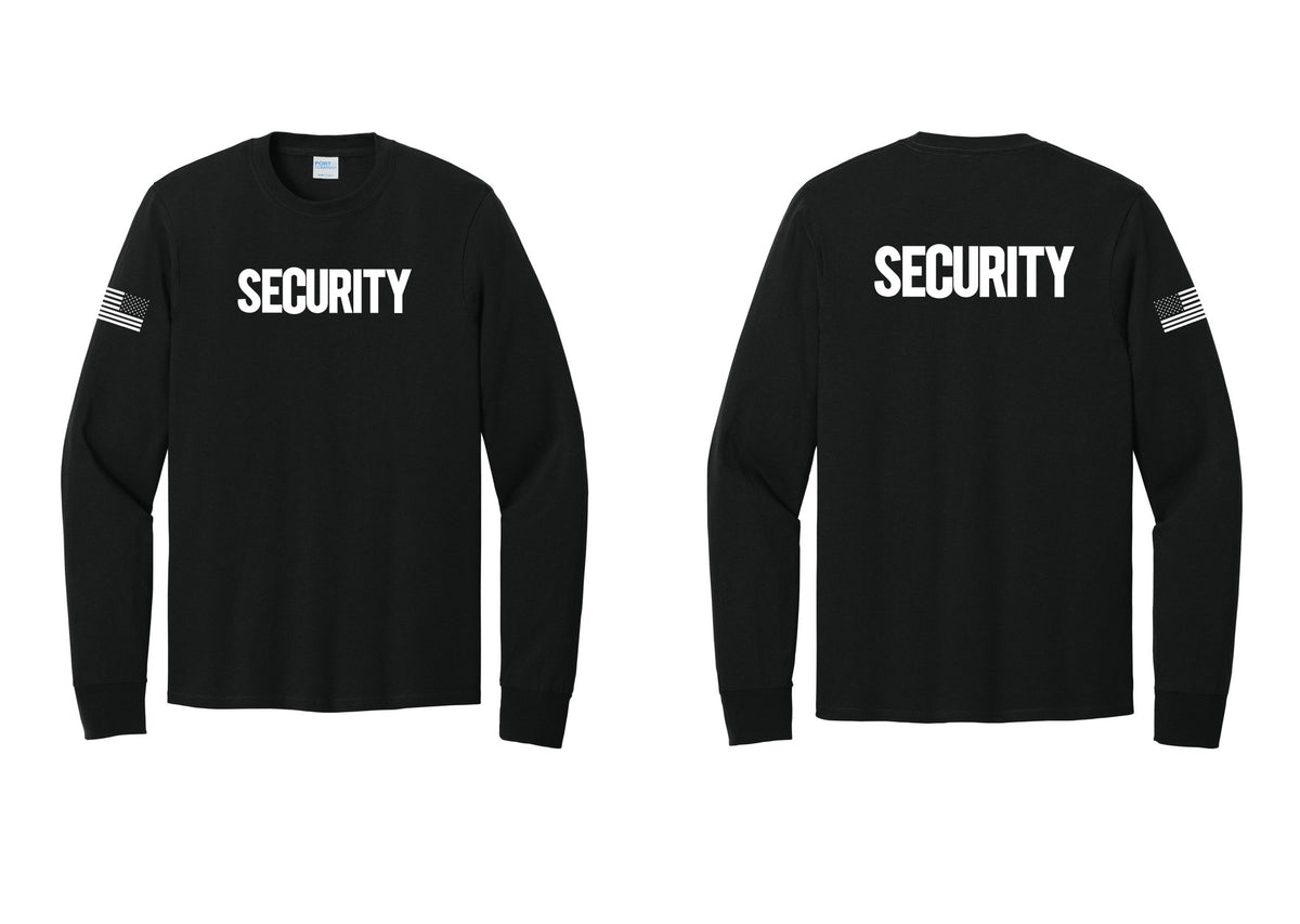 NYC Factory Men's Security Cotton Long Sleeve T-Shirt - Front + Back + US Flag Sleeve - Black