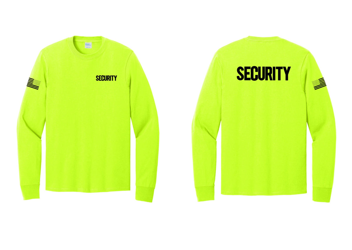 NYC Factory Men's Security Cotton Long Sleeve T-Shirt - Chest + Back + US Flag Sleeve - Safety Green