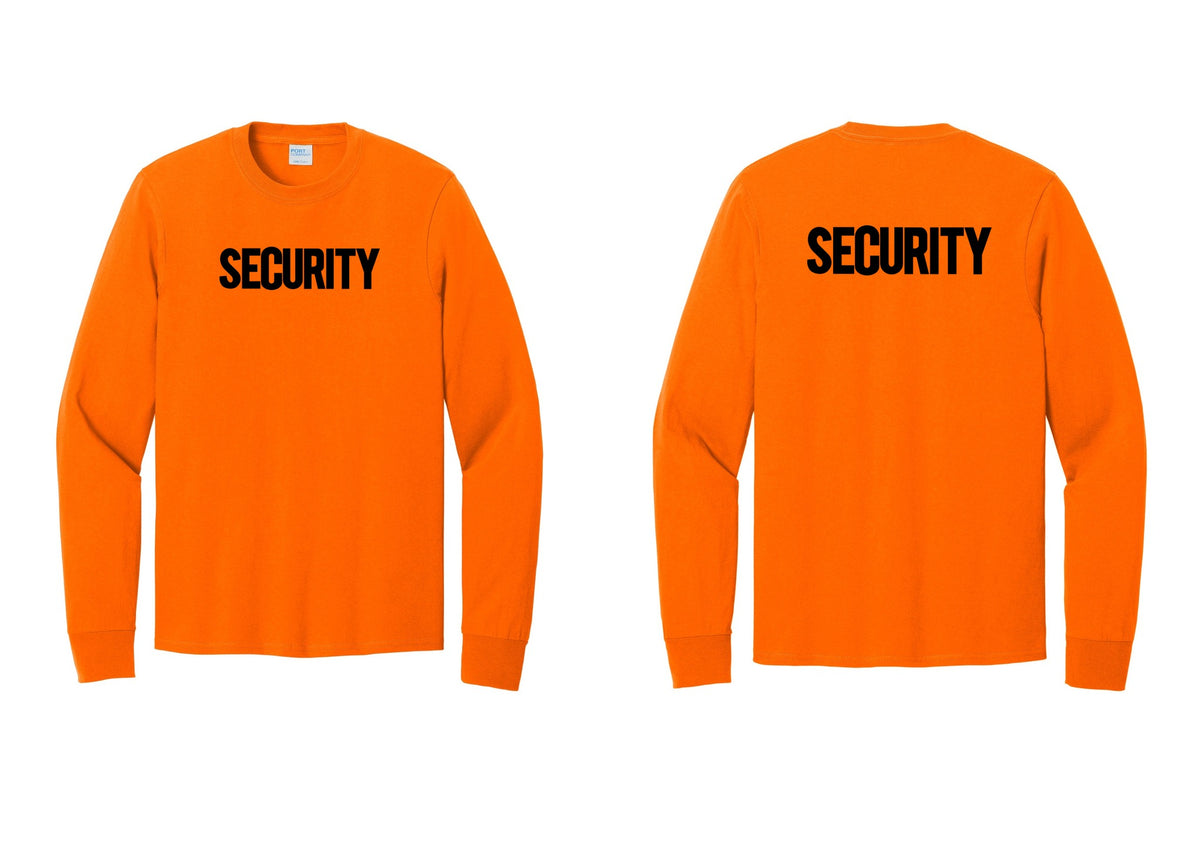 NYC Factory Men's Security Cotton Long Sleeve T-Shirt - Front + Back - Safety Orange