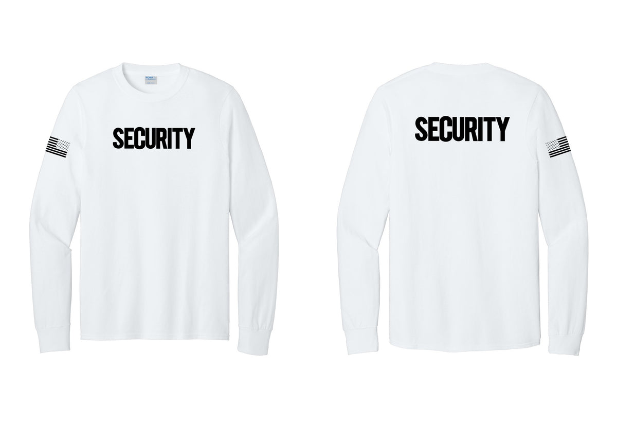 NYC Factory Men's Security Cotton Long Sleeve T-Shirt - Front + Back + US Flag Sleeve - White