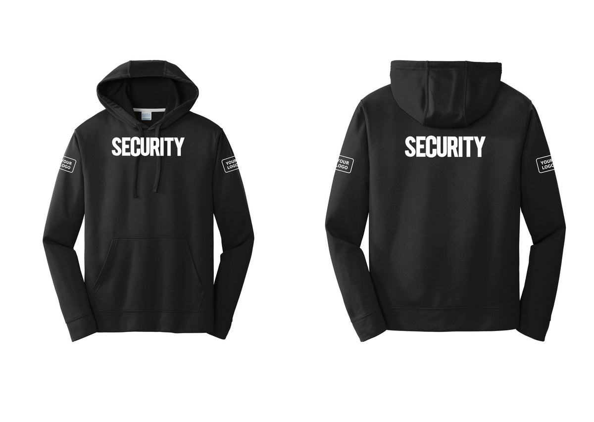 NYC Factory Men's Custom Logo Security Performance Fleece Hooded Sweatshirt - Front + Back + Your Logo Sleeves - Black