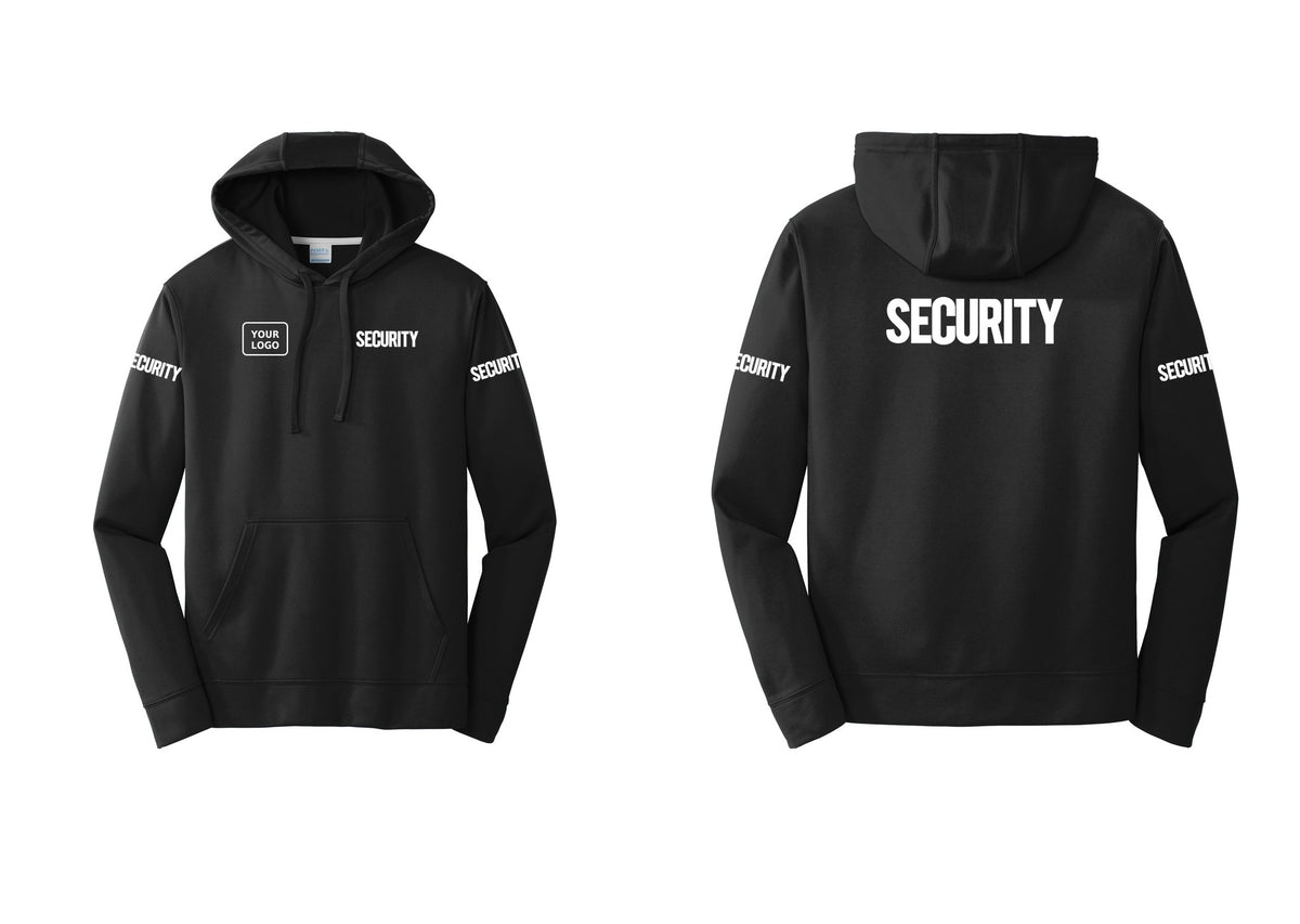 NYC Factory Men's Custom Logo Security Performance Fleece Hooded Sweatshirt - SECURITY + Your Logo + Back + Security Sleeves - Black
