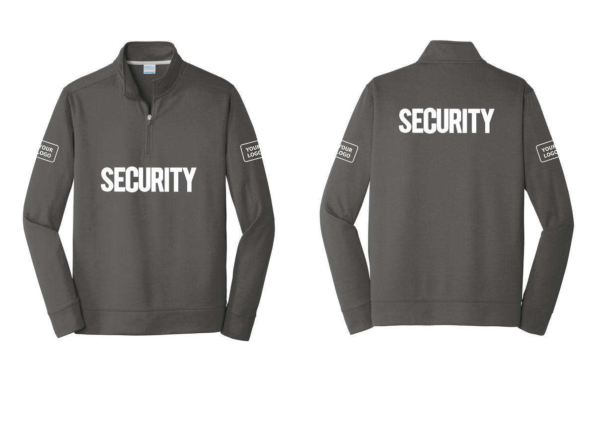 NYC Factory Men's Custom Logo Security Performance Fleece 1/4-Zip Pullover Sweatshirt - Front + Back + Your Logo Sleeves - Charcoal