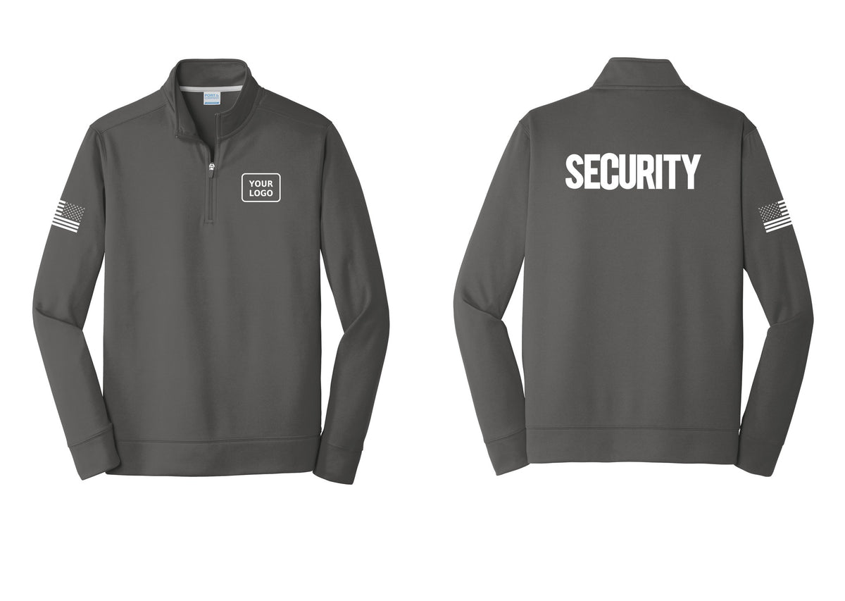 NYC Factory Men's Custom Logo Security Performance Fleece 1/4-Zip Pullover Sweatshirt - Your Logo + Back + US Flag Sleeve - Charcoal