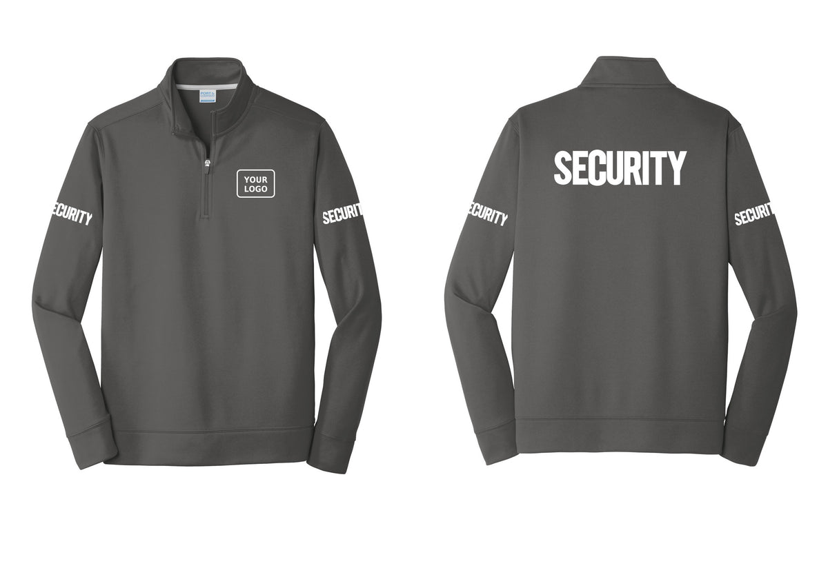 NYC Factory Men's Custom Logo Security Performance Fleece 1/4-Zip Pullover Sweatshirt - Your Logo + Back + Security Sleeves - Charcoal