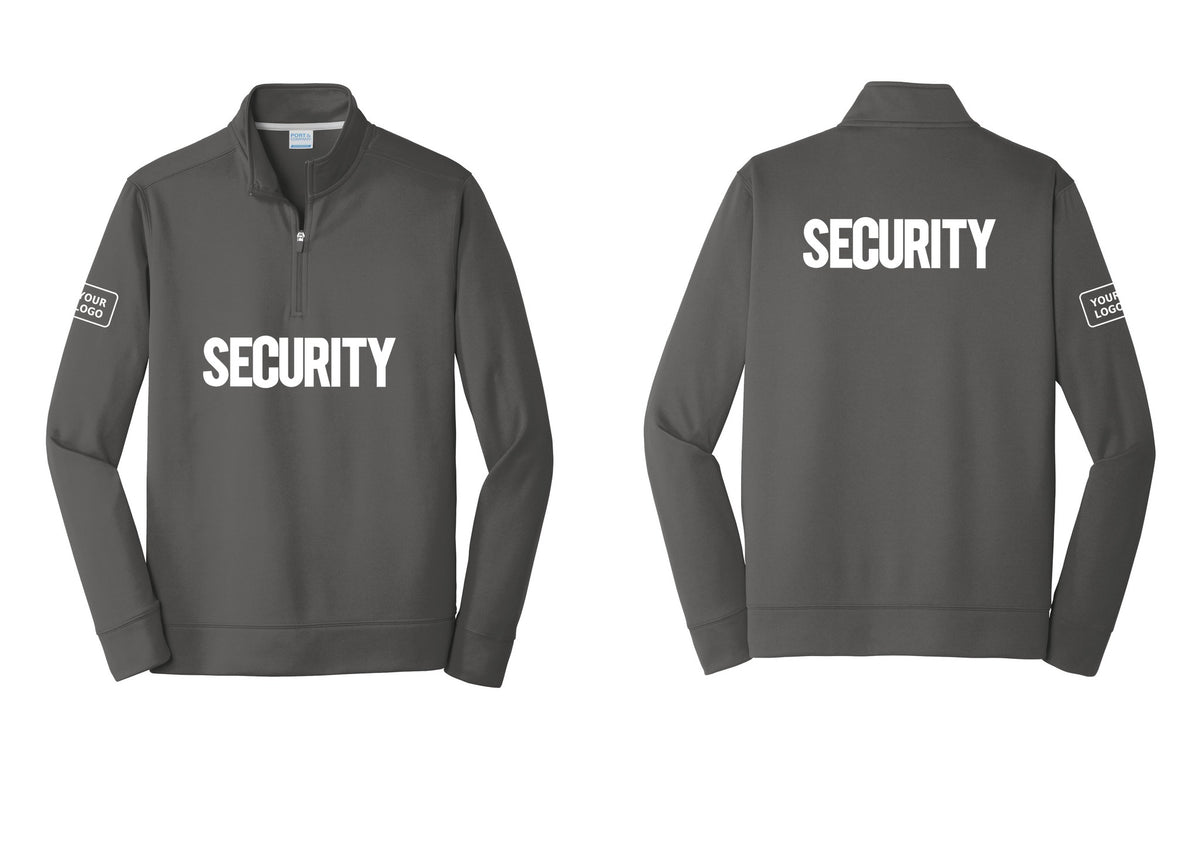 NYC Factory Men's Custom Logo Security Performance Fleece 1/4-Zip Pullover Sweatshirt - Front + Back + Your Logo Sleeve - Charcoal